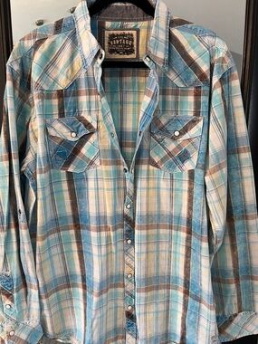 Vintage Western Plaid Snap-Front Shirt in Teal, Brown & Cream